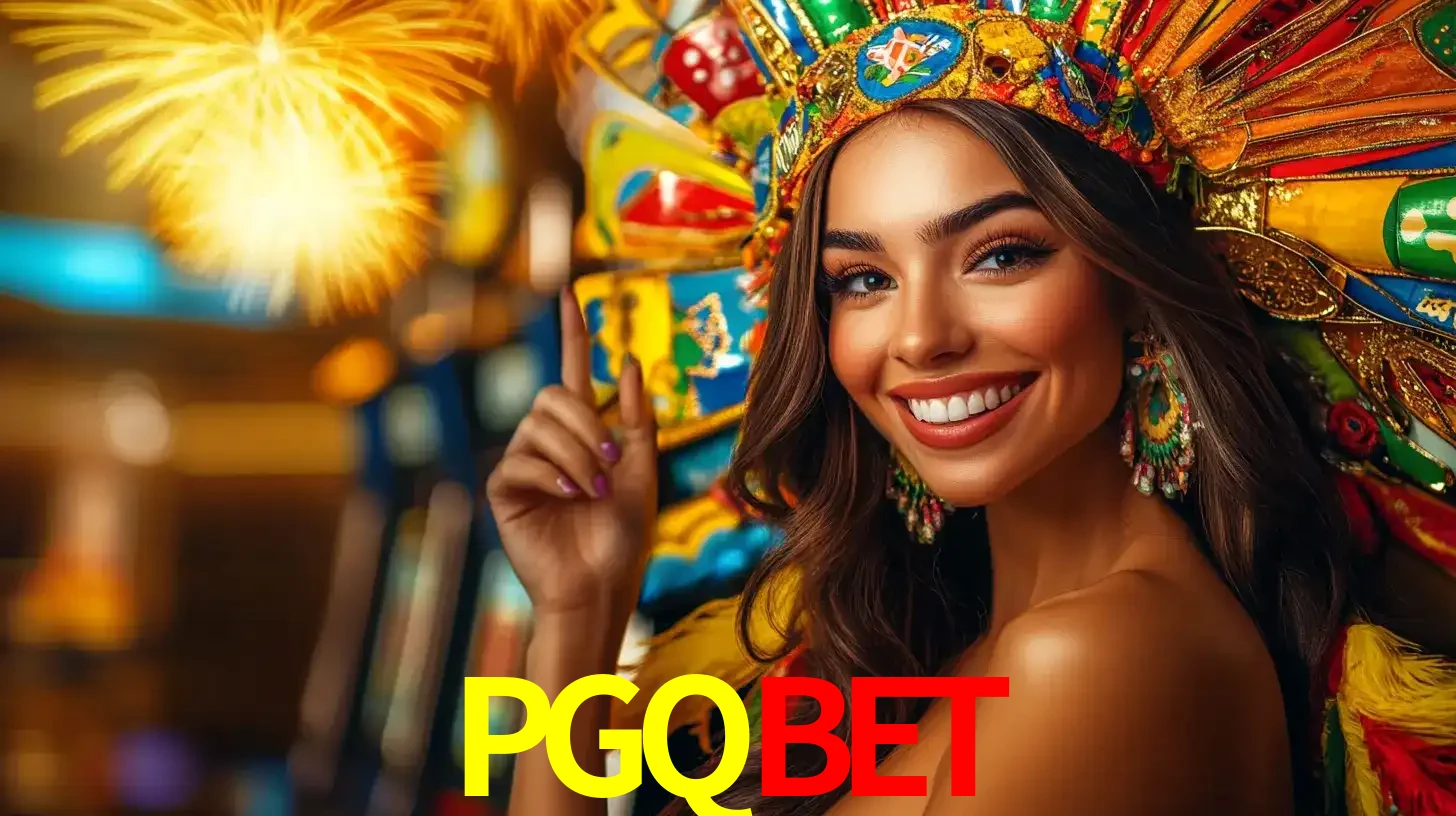 Mulher sorridente com um cocar de carnaval vibrante e colorido, celebrando uma grande vitória nos jogos do cassino PGQBET com fogos de artifício ao fundo.