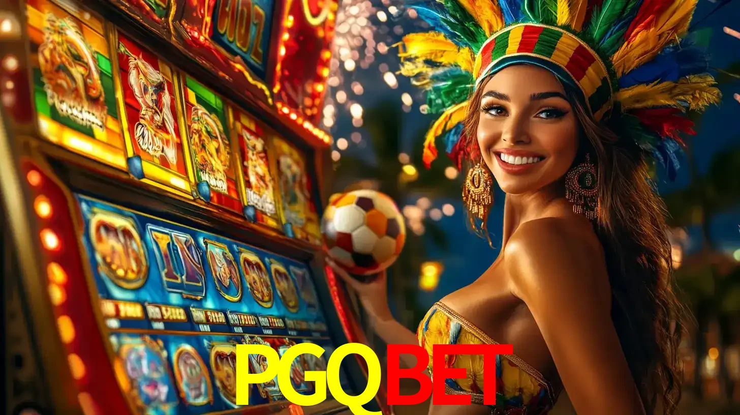 Mulher com um cocar de carnaval ao lado de uma máquina de caça-níqueis enquanto segura uma bola de futebol, mostrando a união da diversão de cassino e esportes no PGQBET.