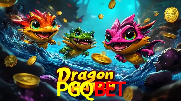 Arte promocional do jogo Dragon Hatch com três adoráveis dragões bebês nadando entre moedas de ouro, um dos slots mais divertidos para jogar no cassino PGQBET.
