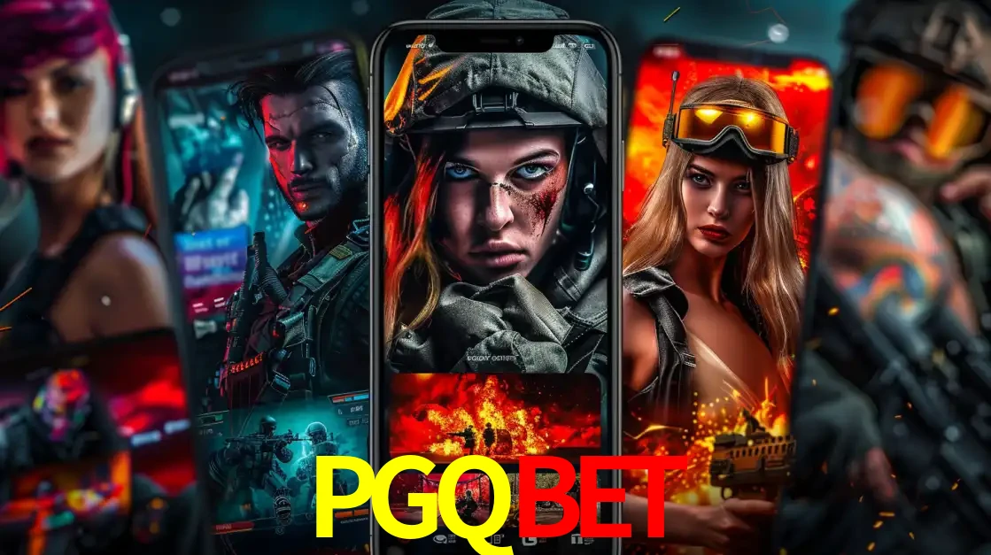 Montagem de telas de celular mostrando diversos personagens, masculinos e femininos, de um jogo de tiro, ilustrando a diversidade de equipes de e-sports para apostar no PGQBET.
