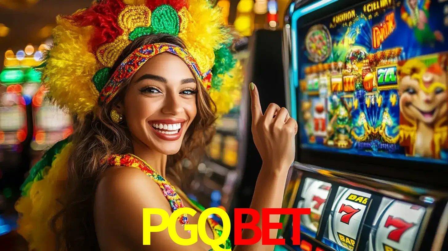 Mulher animada com um cocar de carnaval apontando para uma máquina de caça-níqueis, mostrando a emoção de ganhar um grande prêmio nos jogos do PGQBET.
