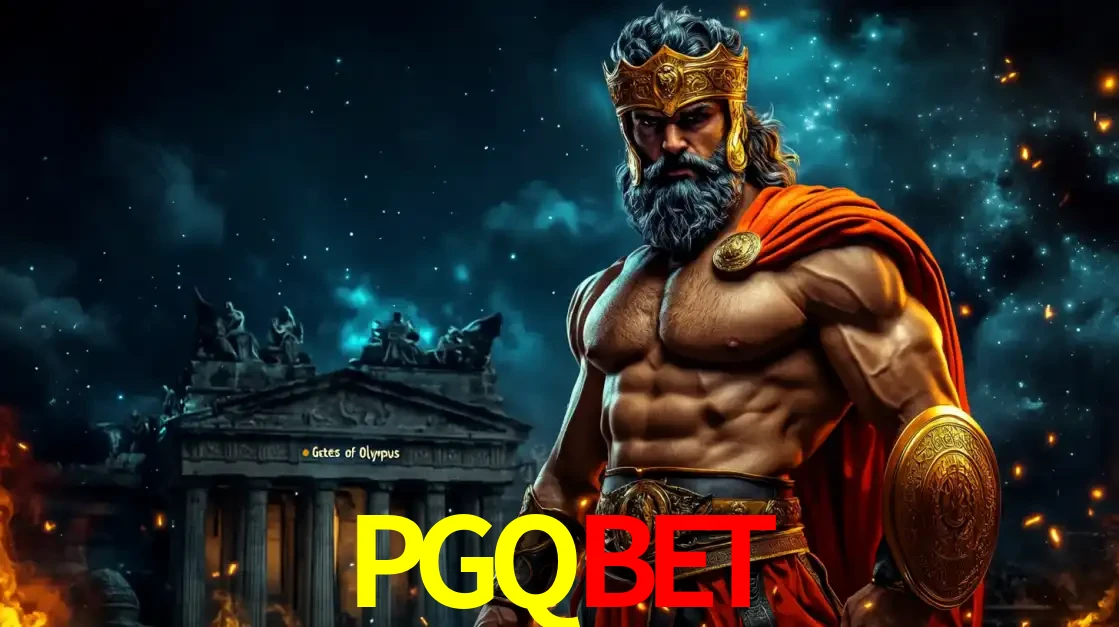 O poderoso Zeus do jogo de slot Gates of Olympus em frente ao seu templo, pronto para lançar multiplicadores divinos e prêmios épicos no cassino online PGQBET.