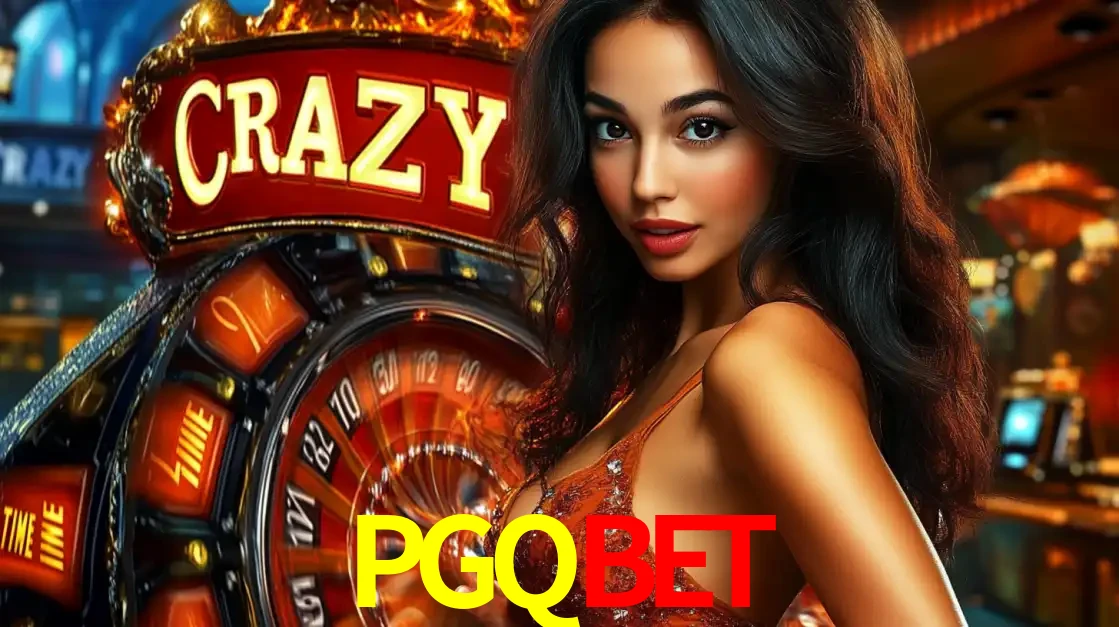 Mulher glamourosa olhando para a câmera com a roda vermelha do Crazy Time ao fundo em um ambiente de cassino, destacando a emoção dos jogos ao vivo no PGQBET.