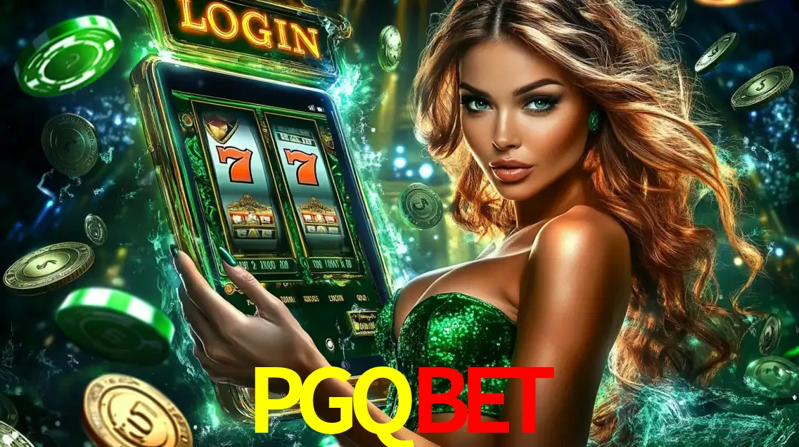Mulher com tema verde apresentando o aplicativo do cassino PGQBET com um jogo de slot de 777, cercada por fichas de cassino e uma aura de sorte.