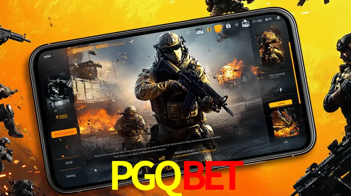 Um smartphone exibindo a interface de um jogo de tiro em primeira pessoa, com um soldado em um cenário de batalha, representando a ação dos e-sports para apostar no PGQBET.
