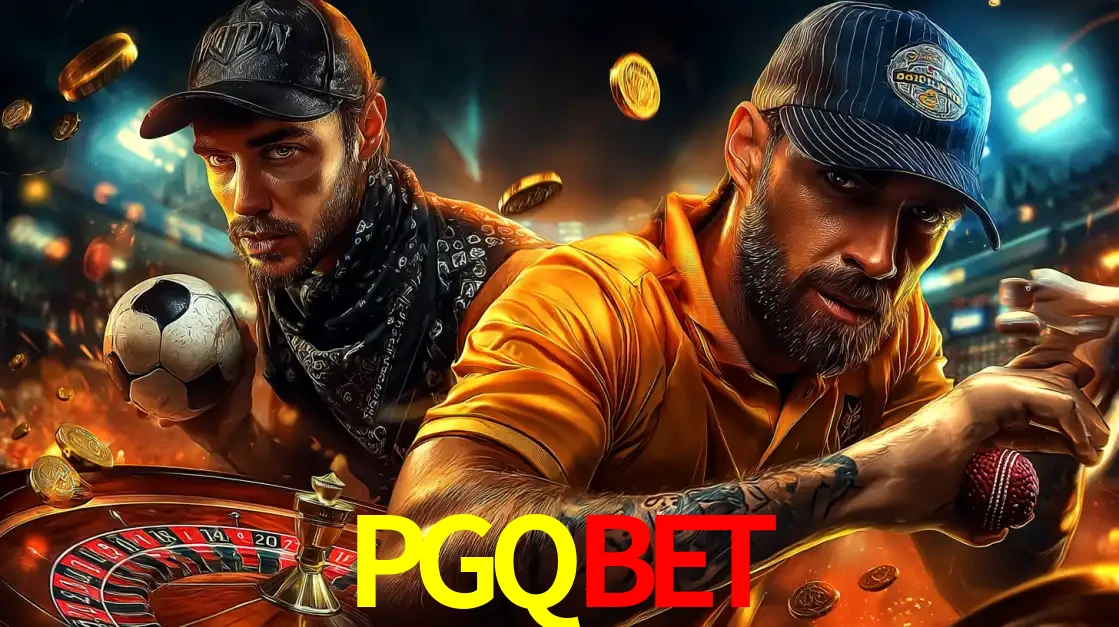 Montagem de apostas esportivas e cassino no PGQBET, com um homem segurando uma bola de futebol e outro uma de beisebol sobre uma roleta e moedas voadoras.