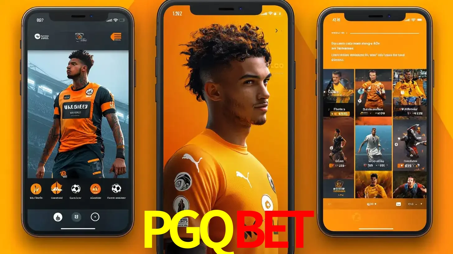 Interface do aplicativo de apostas esportivas PGQBET em três telas de celular, mostrando o perfil de um jogador de futebol e a lista de jogos disponíveis para apostar.