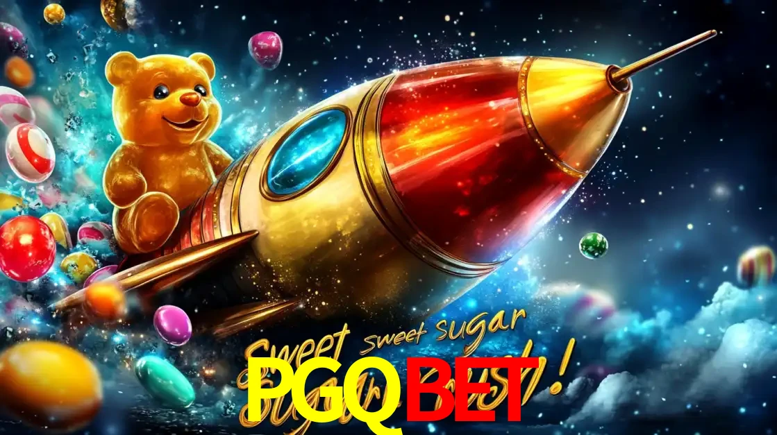 Arte promocional do jogo de slot Sugar Rush, com um urso de pelúcia em um foguete viajando pelo espaço de doces, um dos jogos divertidos disponíveis no cassino PGQBET.