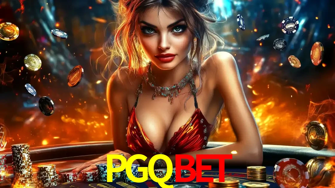 Mulher em uma mesa de cassino com pilhas de fichas e um fundo de fogo, pronta para uma rodada de altas apostas nos jogos de mesa emocionantes do cassino PGQBET.