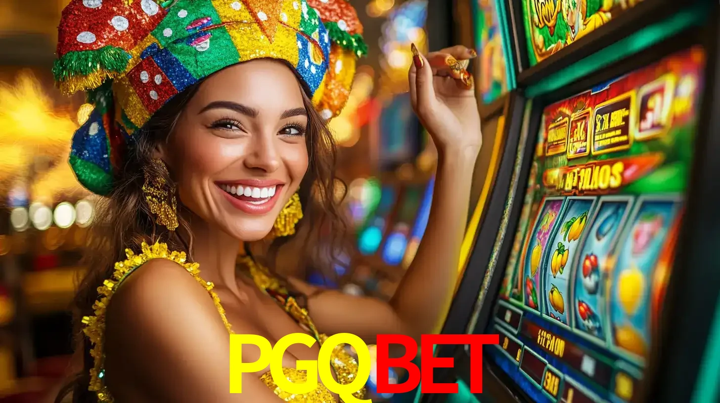 Mulher feliz com traje de carnaval amarelo e colorido ao lado de uma máquina de caça-níqueis, aproveitando a diversão e os jogos temáticos do cassino PGQBET.