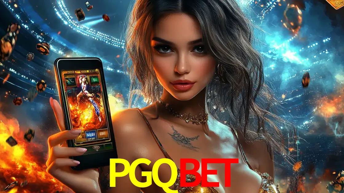 Mulher segurando um celular com um jogo de slot em destaque, tendo como fundo um estádio vibrante, simbolizando a emoção de jogar no cassino móvel PGQBET.