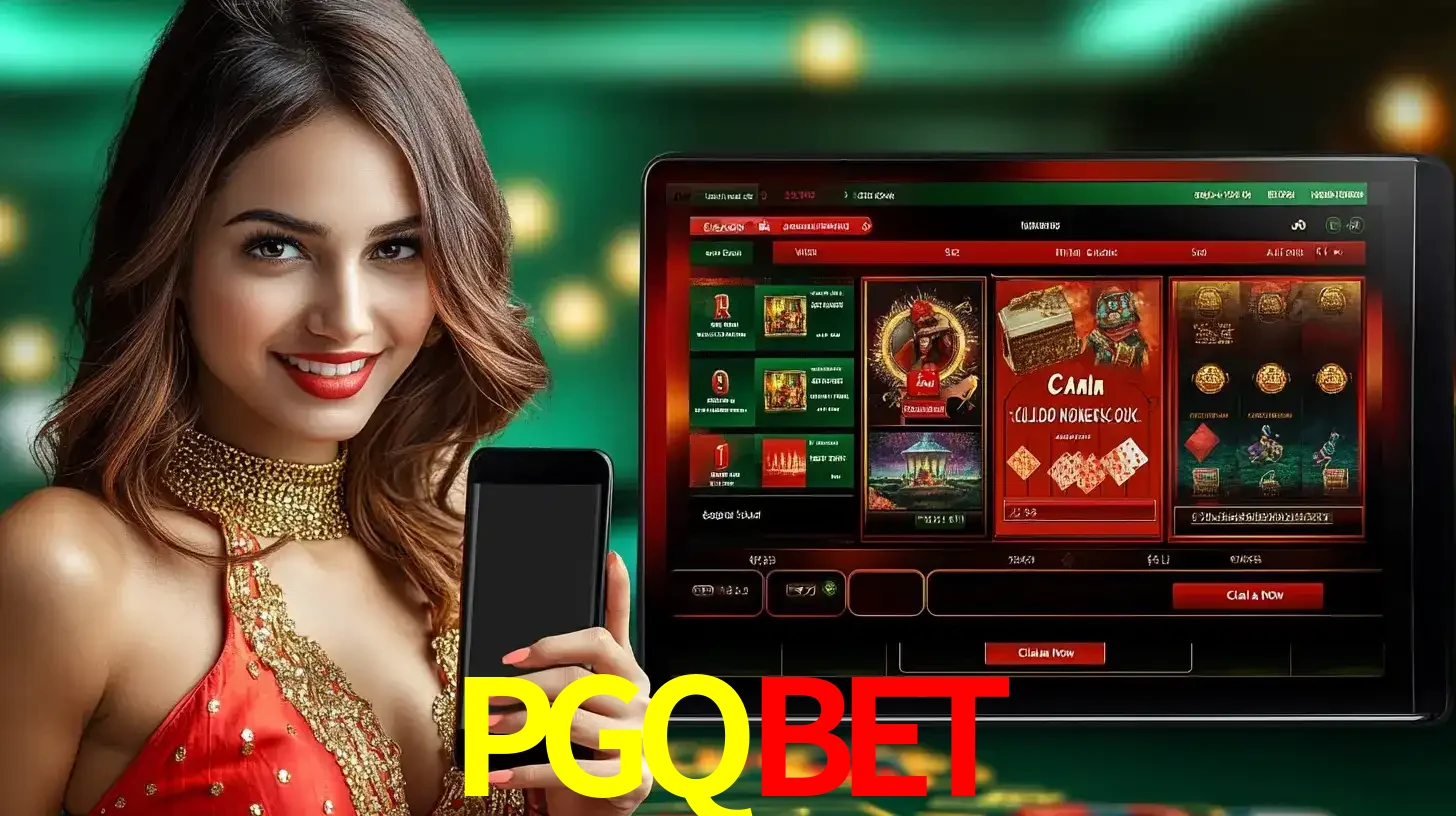 Mulher sorridente segurando um smartphone, ao lado de uma tela exibindo o lobby de jogos do cassino online PGQBET, com várias opções de jogos de cartas e slots.